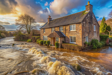 Serene yet devastating countryside scene of a flooded cottage house surrounded by water streams flowing through the streets, highlighting climate change consequences.