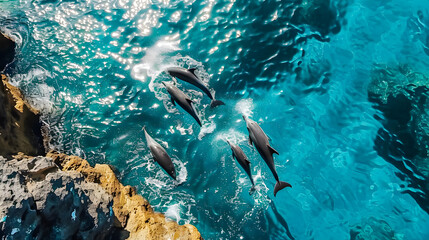 Naklejka premium Aerial view Group of dolphins swimming in the ocean with crashing waves, symbolizing the beauty of marine life. Protect animals and the ocean environment. Background marine life