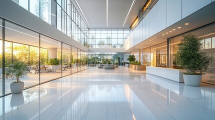 Modern office interior with glass walls and indoor plants.