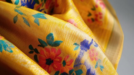 Close-up of a mustard yellow sari with vibrant floral patterns, displayed on a minimalistic light gray background.