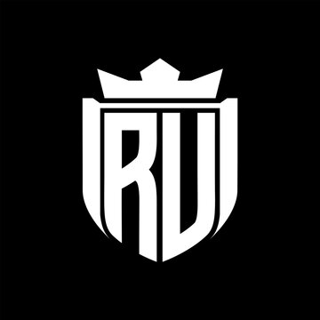 recommend clip art: RU Letter logo shield shape inside shield badge crown on black background template design