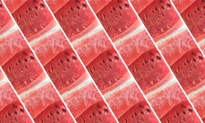 Padrão com corte vermelho da fruta melancia, fundo transparente, png.