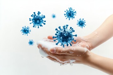 Effective handwashing technique for combating viruses, bacteria, and flu using soap against a white background