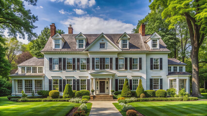 Fototapeta premium Majestic early 20th century white clapboard center entry colonial mansion with multiple dormers featuring gable roofs, set amidst lush greenery in suburban Shaker Heights, Ohio.