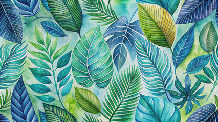 Vibrant watercolor leaves in shades of green and blue form a seamless vector pattern on a textured jungle-inspired background with organic line details.