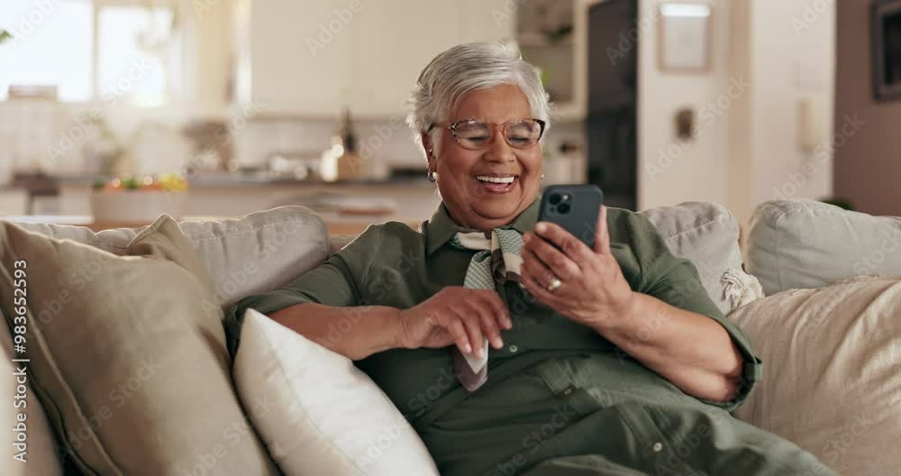 Poster senior woman, phone and happy on sofa, texting and reading with mobile app for contact in home. pers