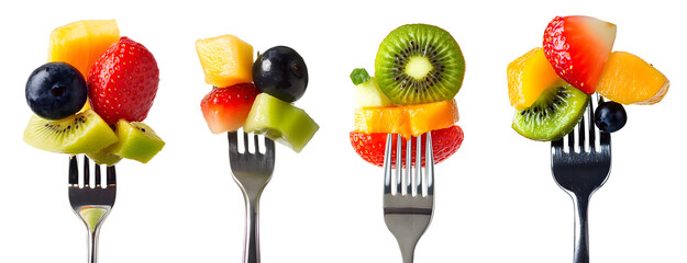 Fruits on forks, kiwi, strawberry, orange, pineapple, cherry, grapes isolated on a transparent PNG background, white background , cut out, clipping path, Generative Ai
