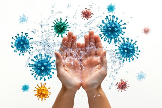 Washing hands with soap for health care hygiene to protect against viruses and bacteria, depicted with water and colorful virus illustrations
