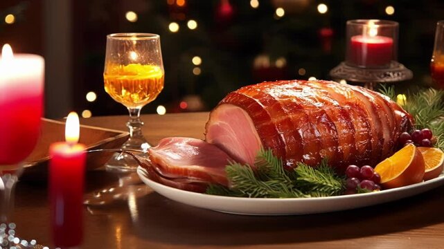 Festive christmas dinner table with sliced ham, wine, and candles, creating a warm and cozy atmosphere perfect for family togetherness and celebration during the winter holiday season