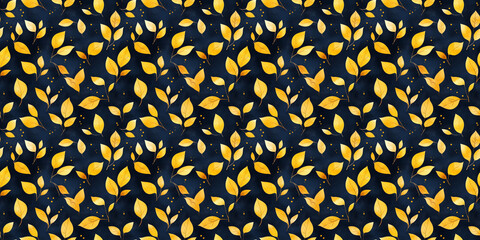 a seamless golden yellow leaf pattern on a navy background, in a watercolor, hand-drawn style