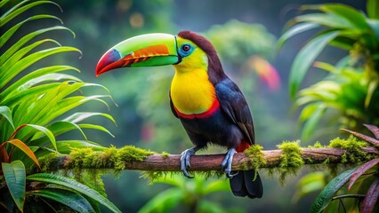 Naklejka premium In a lush tropical rainforest, a striking Keel-Billed Toucan perches delicately on a branch, its vivid colors shining