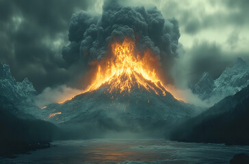 A Cinematic Still of an Erupting Volcano with Smoke and Lava Flowing Dramatically

