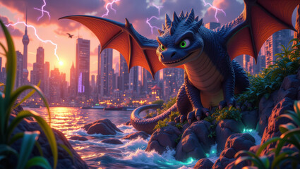 A blue dragon with green eyes sits on a rock overlooking a city skyline with lightning strikes in the background.