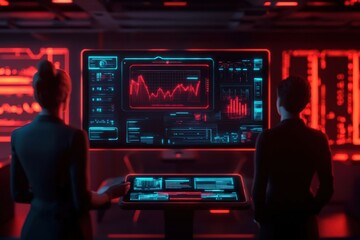A futuristic control room with two figures analyzing digital data displayed on vibrant screens illuminated in red and blue.