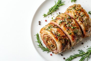 Delicious Italian porchetta pork meat roll with herb seasoning on a white background, perfect for a gourmet feast or special occasion