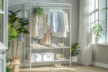 Elegant Free Standing Rack with Storage Shelves, Home Office Organization, Soft Pastel Color Palette, Natural Light, High Resolution and Detail