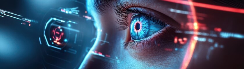 Holographic eye examination, neon interface, futuristic ophthalmology lab