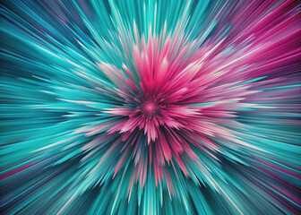 Fototapeta premium Vibrant teal and pink streaks dynamically explode from a central point, evoking a burst of energy, a floral display, or a celestial phenomenon in this abstract image.