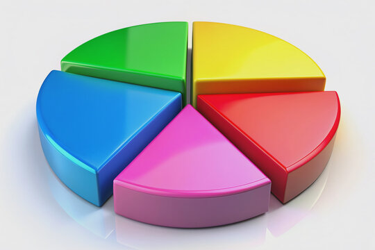 Vibrant 3D pie chart divided into five colorful slices in blue, red, yellow, green, and pink, effectively illustrating data distribution and segmentation.