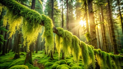Lush, green old man's beard moss drapes gracefully over branches in a tranquil forest, illuminated by soft, dappled