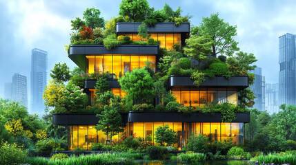 A modern building with lush greenery on its balconies and roof.