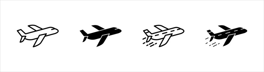 set of airplane icons, airplane signs and symbols, aviation transport symbols, travel signs, pictograms isolated on white background.