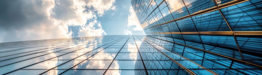 Futuristic skyscraper with mirrored surface, capturing neighboring buildings, cloudy sky reflection, urban reflection, modern city
