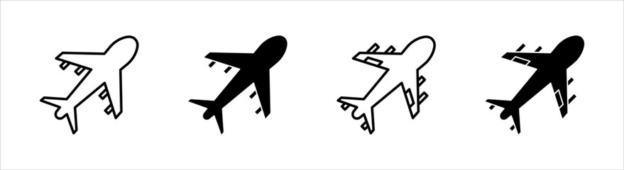 set of airplane icons, airplane signs and symbols, aviation transport symbols, travel signs, pictograms isolated on white background.