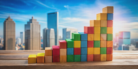 Obraz premium Colorful building blocks stacked to form a staircase, symbolizing growth, progress, and leadership, with a subtle cityscape background, conveying innovation and success.