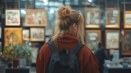 Obraz premium Young woman admires paintings in an art gallery.