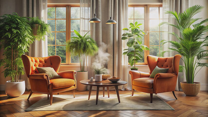 Cozy living room interior featuring vintage armchairs, orange coffee table with steaming cups, lush plants by the window with flowing curtains and blinds.