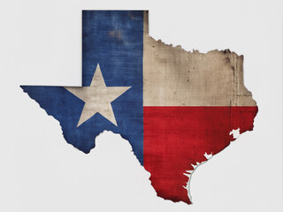 Vibrant Texas flag waving fabric texture overlays the Lone Star State's map outline, creating a patriotic and rustic visual effect on a crisp white background.