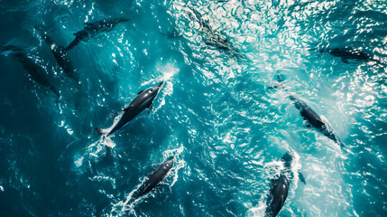 Obraz premium Aerial view Group of dolphins swimming in the ocean with crashing waves, symbolizing the beauty of marine life. Protect animals and the ocean environment. Background marine life