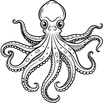 recommend clip art: octopus line art cartoon outline black and white, isolated on white background