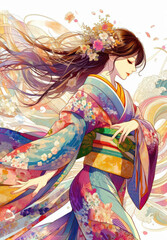 Fototapeta premium 日本画（Japanese painting）／着物の女性 anime イラスト
