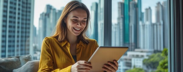 Businesswoman excitedly checking financial data on tablet, skyscrapers visible outside window, booming investments, financial success