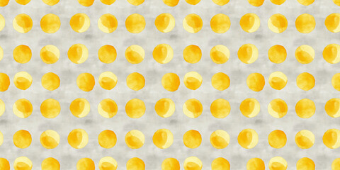a seamless soft yellow circle pattern on a grey background, in a watercolor, hand-drawn style