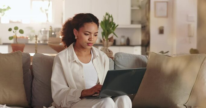 Laptop, writer and thinking on sofa for remote work, research and idea for article in home. Woman, computer and brainstorming in living room for editing, planning and creative process for newsletter