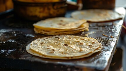 Thin pancakes on a frying pan, close-up, selective focus