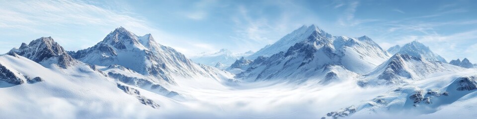 Fototapeta premium Majestic snow-covered mountain peaks under clear blue sky, panoramic view of a winter wonderland, snowy Alps scenery, winter landscape concept