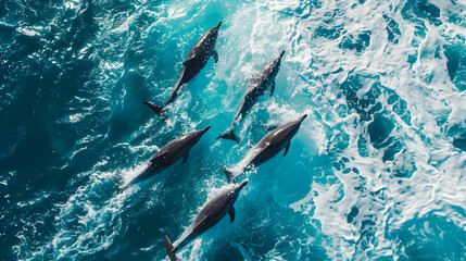Obraz premium Aerial view Group of dolphins swimming in the ocean with crashing waves, symbolizing the beauty of marine life. Protect animals and the ocean environment. Background marine life