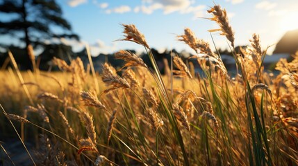 Paddy field landscape with ripening crops in autumn sunlight and yellow rice ears and rice bountiful  