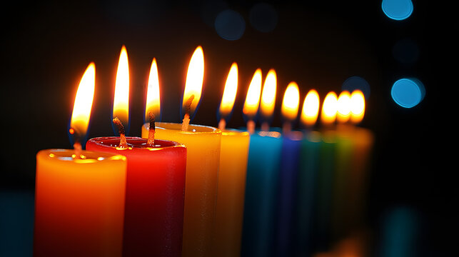 A row of colorful candles burning brightly against a dark background with bokeh lights.