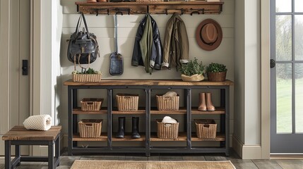 Fototapeta premium Modern hall tree with coat rack and shoe storage, featuring a rustic wood top shelf on a metal frame in neutral colors with green accents.
