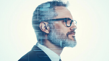 Side profile of a man with a beard looking to the right, his face is overlaid with digital code.