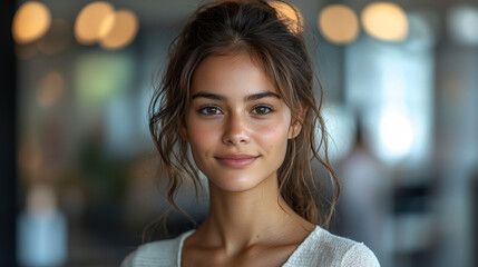 Obraz premium Smiling young woman with brown hair and eyes.