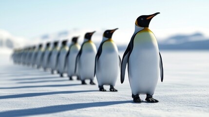 Fototapeta premium 3D illustration of a group of penguins waddling on icy terrain in a zoo habitat