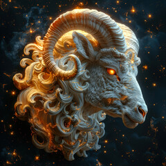 Obraz premium The sign of the horoscope is Aries. Aries is surrounded by stars and fiery inclusions, which gives it a mystical and otherworldly appearance. A white fluffy aries with curly hair