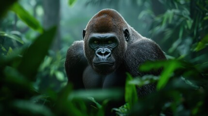 Naklejka premium A 3D-rendered gorilla pounding its chest while standing in a dense jungle zoo environment
