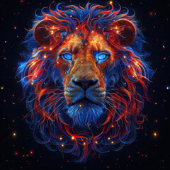 The King of beasts. The concept of the mystical horoscope sign is Leo. A lion with glowing blue eyes and a blue-orange mane. The lion is surrounded by stars. The astrological sign of the zodiac